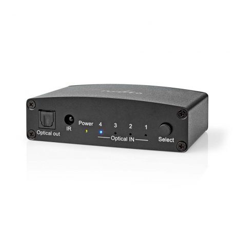 Digital Audio Switch | 4 utas | Csatlakozó bemenet: DC táp / 4x TosLink | Csatlakozó kimenet: TosLink Aljzat | Kézikönyv / Nyomó Gomb / Távvezérlő | Fém | Fekete