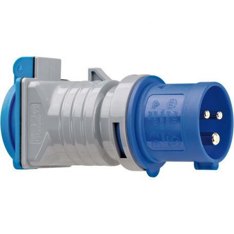 CEE adapter/lakókocsi adapter IP44 (3 tűs CEE csatlakozó: 230V/16A, aljzat: 230V/16A, kültéri használatra, ideális kempingezéshez)