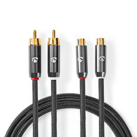 Sztereó audiokábel | 2x RCA Dugasz | 2x RCA Aljzat | Aranyozott | 5.00 m | Kerek | Gun Metal Szürke / Szürke | Ablakos Fedő Doboz