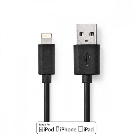 Lightning Kábel | USB 2.0 | Apple Lightning, 8 Pólusú | USB-A Dugasz | 480 Mbps | Nikkelezett | 2.00 m | Kerek | PVC | Fekete | Műanyag Zacskó