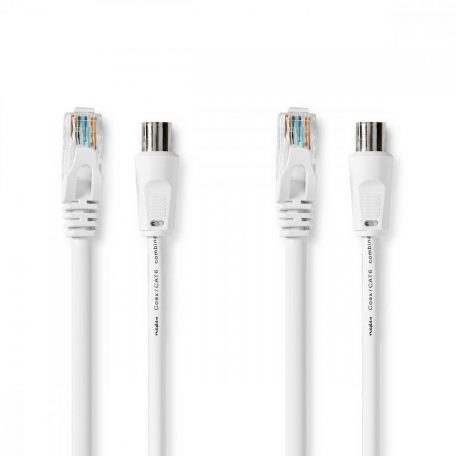 Koax és Cat6 Combi Cable | IEC (Koax) Dugasz / RJ45 Dugasz | IEC (Koax) Aljzat / RJ45 Dugasz | Nikkelezett | RG58 | 75 Ohm | Dupla Szigeteléssel | 3.00 m | Kerek | PVC | Fehér | Boríték