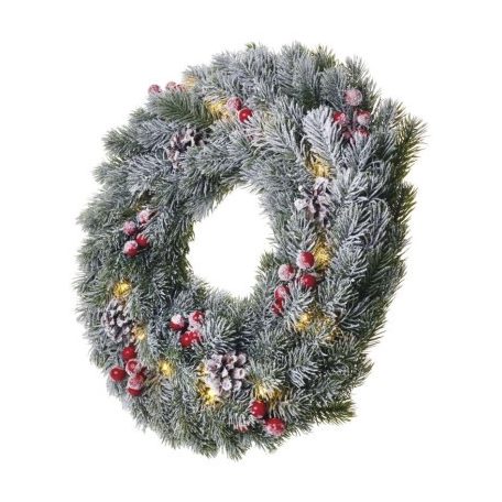 LED karácsonyi koszorú, havas, 38 cm, 2x AA, beltéri, meleg fehér, időzítő