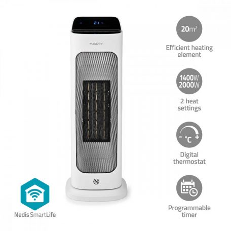 NEDIS SmartLife kerámia PTC ventilátorfűtő | Wi-Fi | 2000 W | 2 Hőbeállítások | Oszcilláló | Kijelző | 10 - 49 °C | Android™ / IOS | Fehér HTFA20WTW