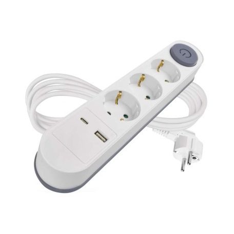 Hosszabbító 2 m / 3 aljzat / kapcsolós / fehér / 1× USB-A + 1× USB-C  / 1,5 mm2