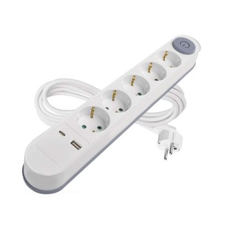 Hosszabbító 3 m / 5 aljzat / kapcsolós / fehér / 1× USB-A + 1× USB-C  / 1,5 mm2