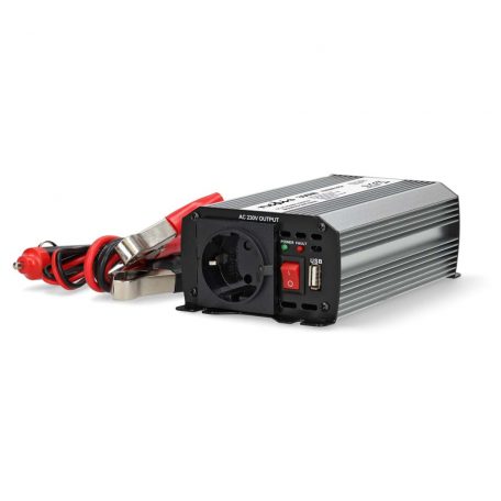 Inverter módosult szinuszhullám | Bemeneti feszültség: 12 V DC | Eszköz táp kimeneti csatlaakozó(k): Type F (CEE 7/3) / USB-A | 230 V AC 50 Hz | 300 W | Kimenő csúcs teljesítmény: 600 W | Akkumulátorsaruk + Szivargyújtó | Ezüst