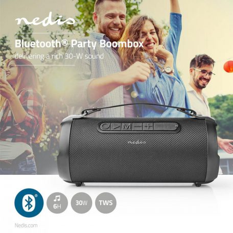 Nedis boombox hordozható Bluetooth® hangfal Party Boombox | 6 óra | 1.0 | 24 W | Media lejátszás: AUX / Micro SD / USB | IPX5 | Összekapcsolható | Hordozó fogantyú | Fekete