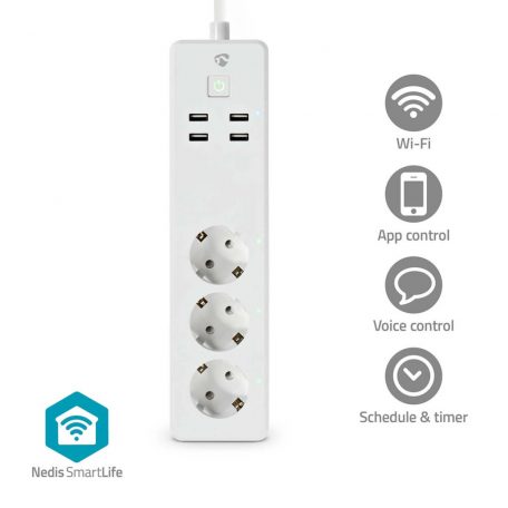 SmartLife elosztót | Wi-Fi | 3x Földelt csatlakozó (CEE 7/3) / 4 x USB | 16 A | 3680 W | 1.80 m | -10 - 40 °C | Android™ / IOS | Fehér