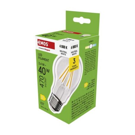 LED izzó Filament A60 / E27 / 3,4 W (40 W) / 470 lm / Természetes fehér