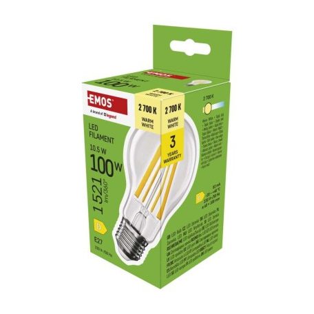 LED izzó Filament A60 / E27 / 10,5 W (100 W) / 1521 lm / Meleg fehér